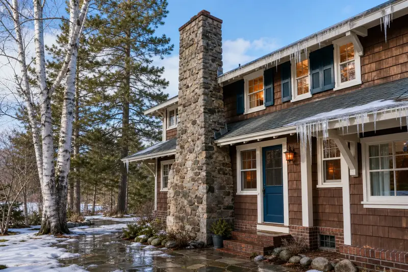 A 1950s Craftsman house in early thaw with icicles at the eaves and a stone masonry chimney; illustrative image