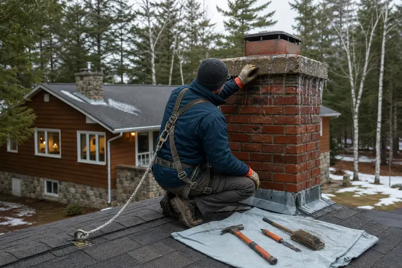 A harnessed mason examining the crown of a red brick chimney with a concrete crown on a thawing day from a dry roof; illustrative image