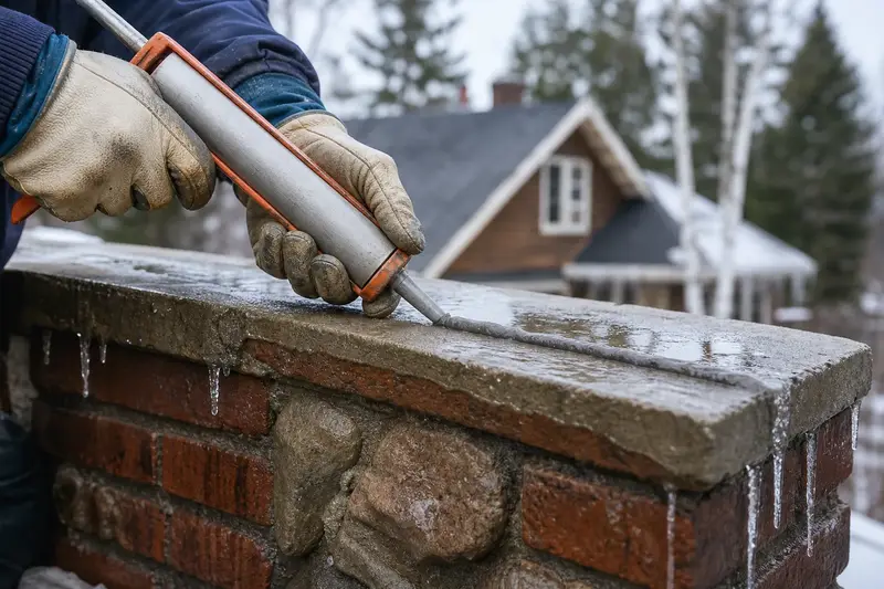 Gloved hands applying crown sealant along a chimney crown; illustrative image