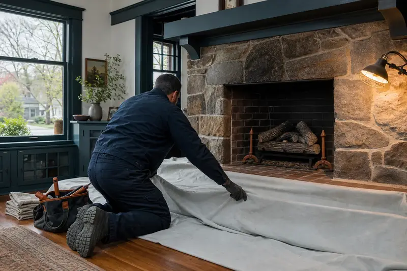 A technician laying drop cloths before servicing a vented gas log set in a masonry firebox, the fireplace cold; illustrative image