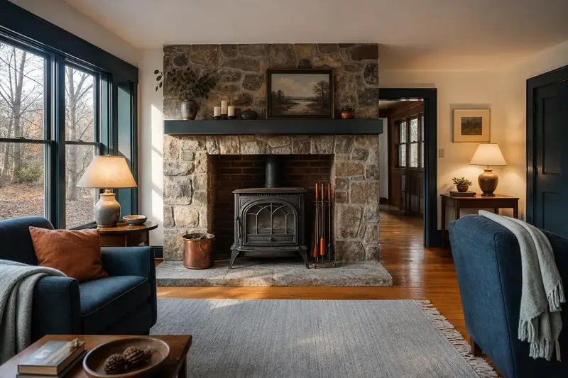 A calm hearth room with a cast-iron wood stove on a stone hearth pad, glass doors closed and no fire; illustrative image