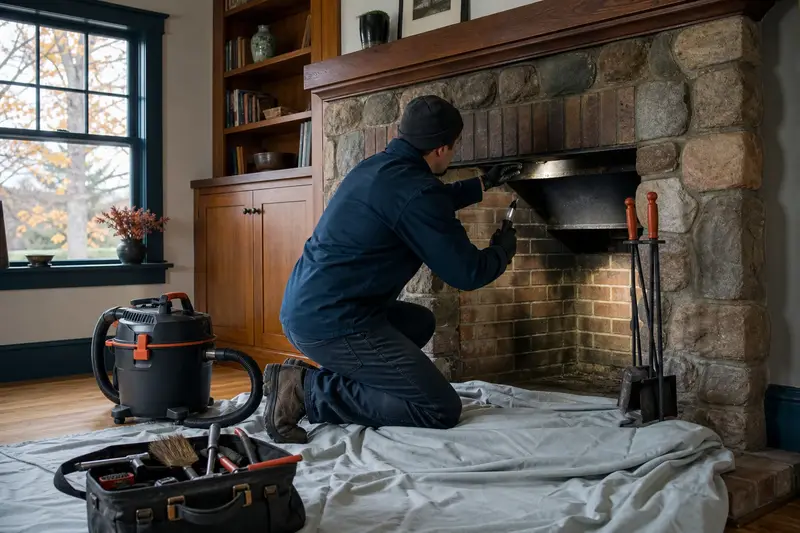A technician checking the damper and smoke chamber of an open masonry wood-burning fireplace by flashlight, the fireplace cold; illustrative image