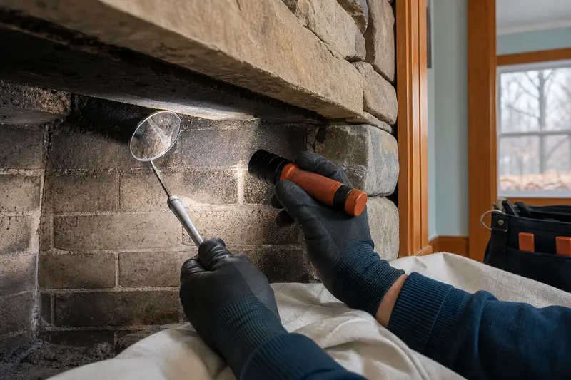 An inspection mirror and flashlight held at the throat of a cold masonry firebox; illustrative image