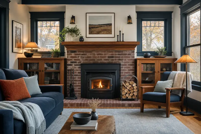 A hearth room with a wood-burning insert in a brick opening, split firewood in a steel rack and a clear hearth; illustrative image