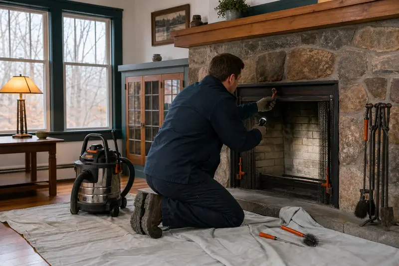 A technician adjusting the damper handle of a factory-built wood-burning fireplace with a stone facing by flashlight, the fireplace cold; illustrative image