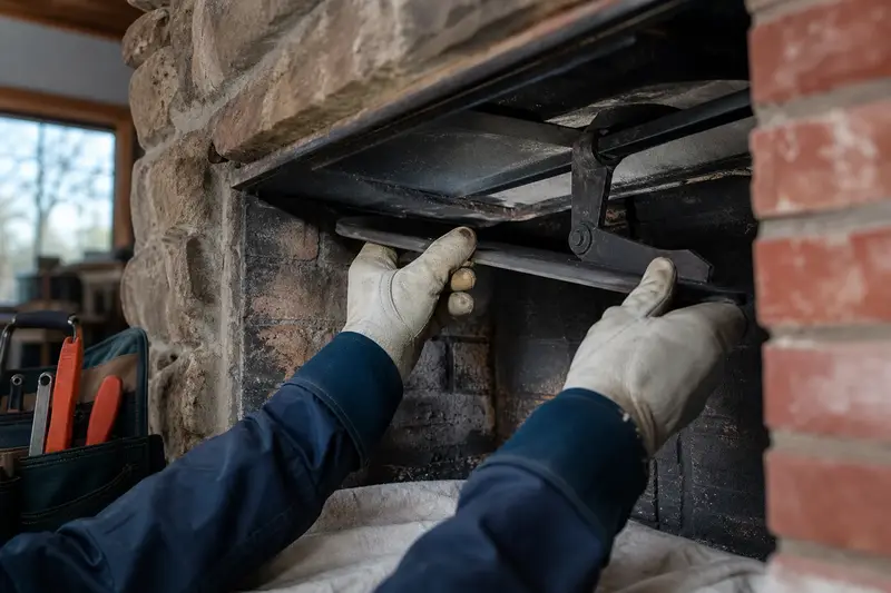 Gloved hands working a cast-iron damper plate inside a cold masonry firebox; illustrative image