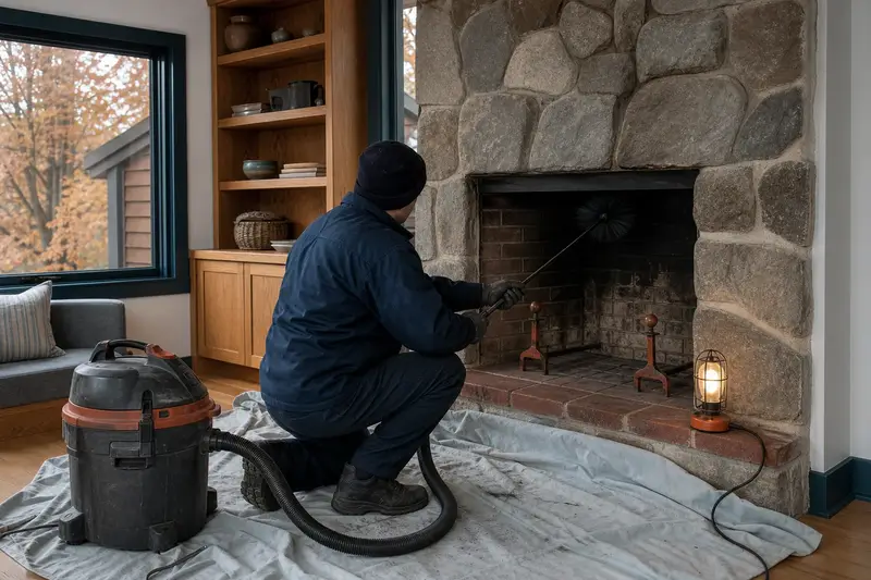 A technician feeding a rotary chimney brush up the flue of an open masonry wood-burning fireplace, drop cloths and a sealed vacuum on the hearth, the fireplace cold and unlit; illustrative image