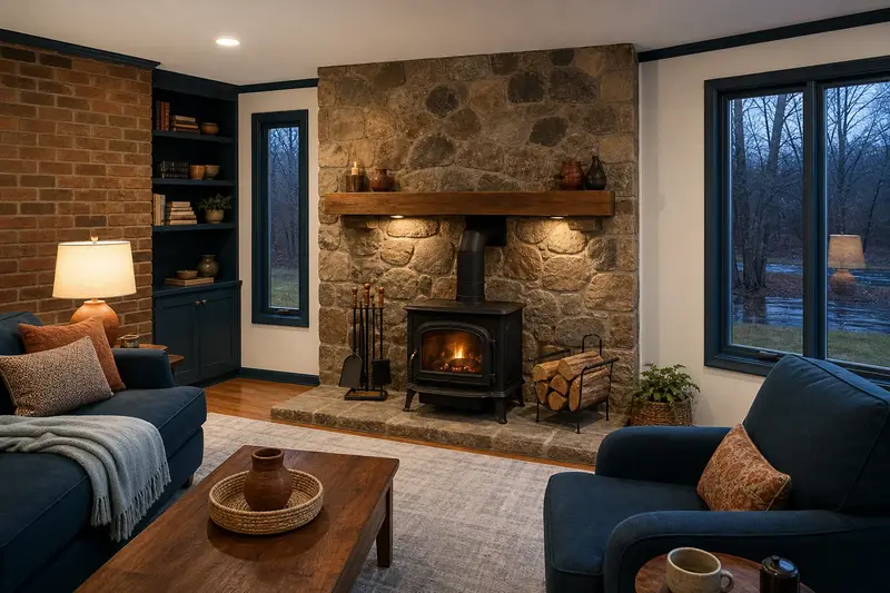 A tidy hearth room with a cast-iron wood stove on a stone hearth pad, a cleared hearth, fireplace tools and split firewood; illustrative image