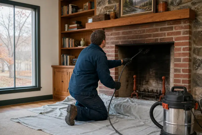 A technician feeding a rotary chimney brush up the flue of an open masonry wood-burning fireplace, drop cloths and a sealed vacuum on the hearth; illustrative image