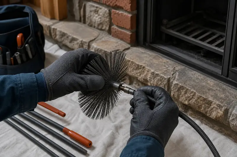 Gloved hands fitting a round wire brush onto a flexible rod at the hearth of a wood-burning insert in a brick opening; illustrative image