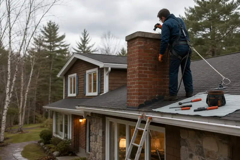 A harnessed technician examining the top of a red brick chimney with a concrete crown with a flashlight from a dry roof surface; illustrative image