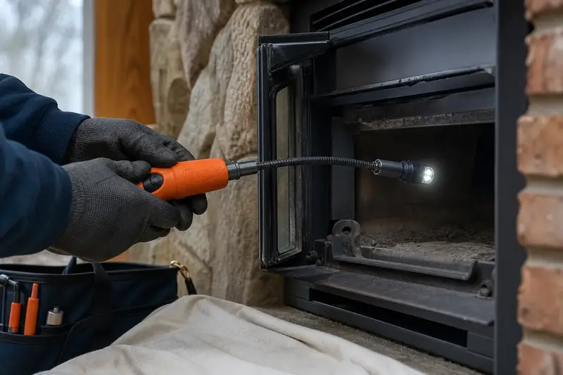 An inspection camera head on a flexible cable at the damper opening of a wood-burning insert in a brick opening; illustrative image