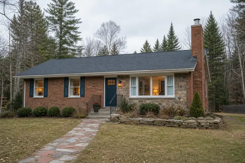 A 1980s brick-front ranch house with a red brick chimney with a concrete crown fitted with a stainless steel liner cap; illustrative image