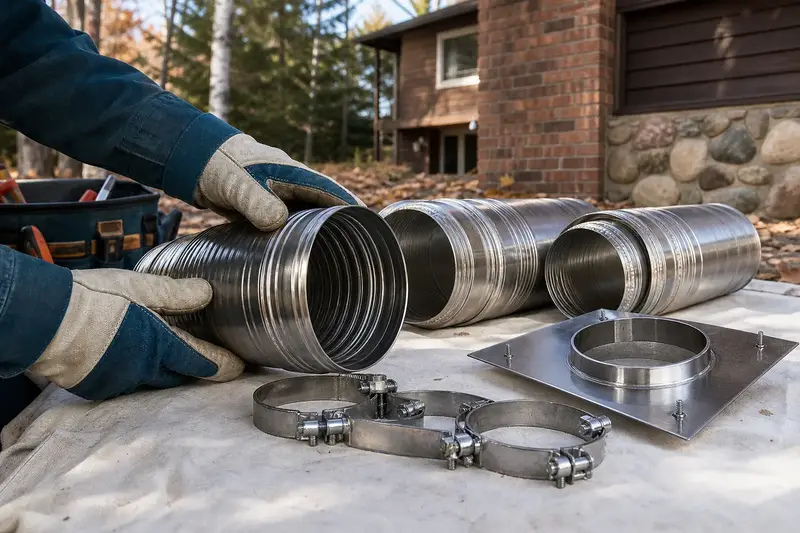 Sections of stainless steel flue liner, clamps and a top plate arranged on a canvas tarp; illustrative image
