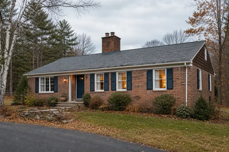 A 1980s brick-front ranch house with a two-flue brick chimney on a slate roof rising above the roof; illustrative image