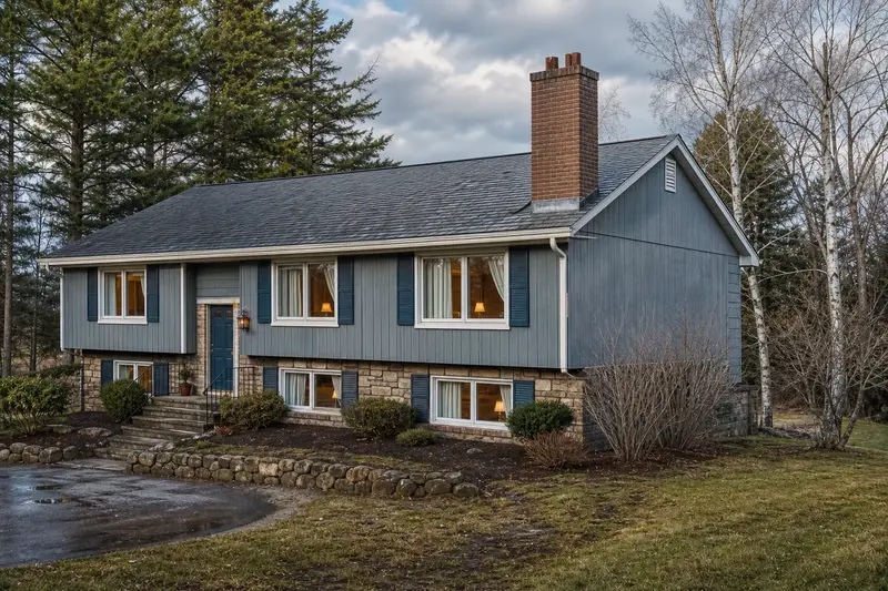 A 1980s split-level house with a two-flue brick chimney on a slate roof and neat mortar joints; illustrative image
