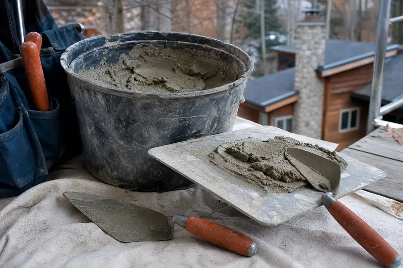 A mortar hawk, trowels and a bucket of mixed mortar set on a roof work platform; illustrative image