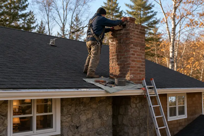 A harnessed mason setting a replacement brick near the top of a tall brick chimney on a steep gable roof; illustrative image