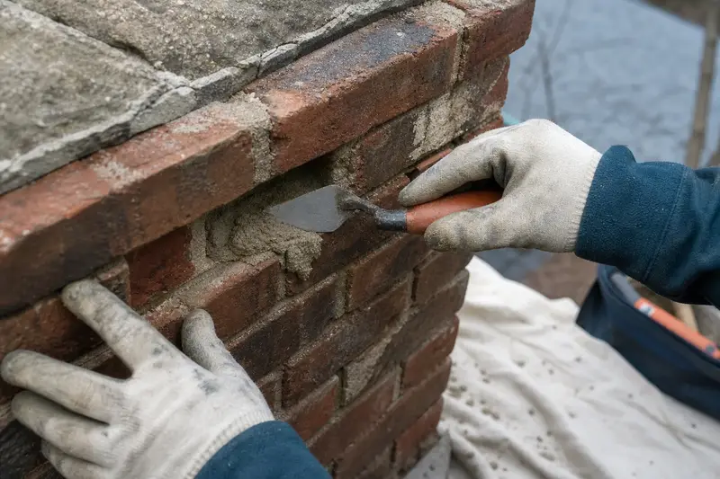 Gloved hands pressing fresh mortar into a raked joint with a tuckpointing trowel; illustrative image