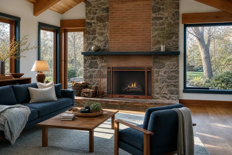 A quiet hearth room with a vented gas log set in a masonry firebox and a garden view through the windows; illustrative image