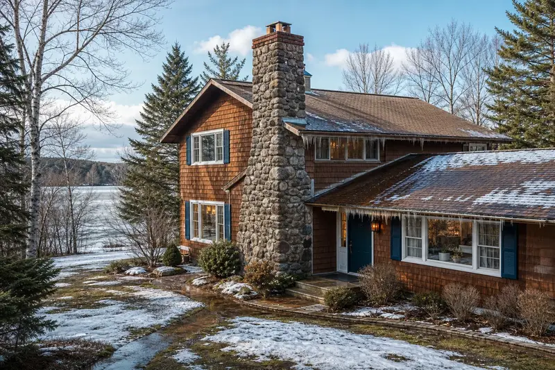 A 1980s cedar-sided contemporary house in early thaw with icicles at the eaves and a stone masonry chimney; illustrative image