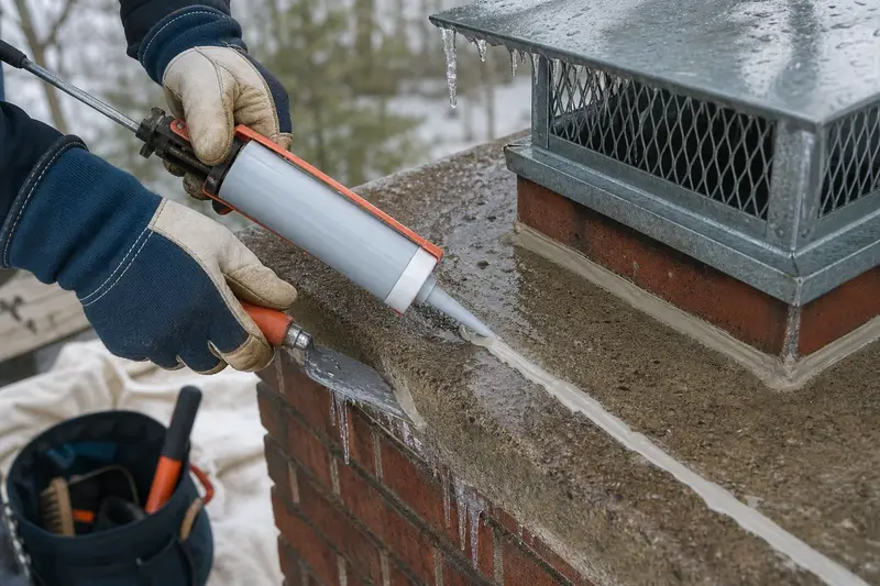 Gloved hands applying crown sealant along a chimney crown; illustrative image