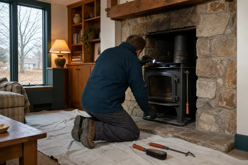A technician checking the damper of a cast-iron wood stove on a stone hearth pad with a flashlight before the heating season, the fireplace cold; illustrative image