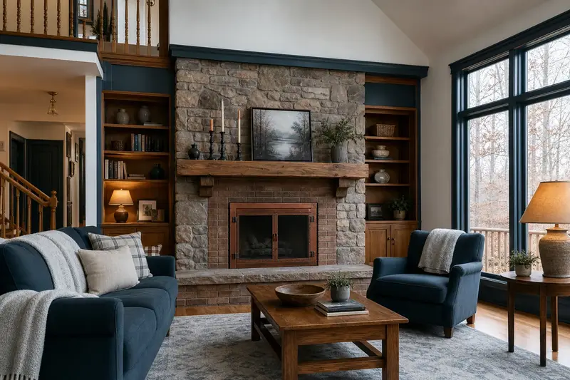A calm hearth room with an open masonry wood-burning fireplace, glass doors closed and no fire; illustrative image
