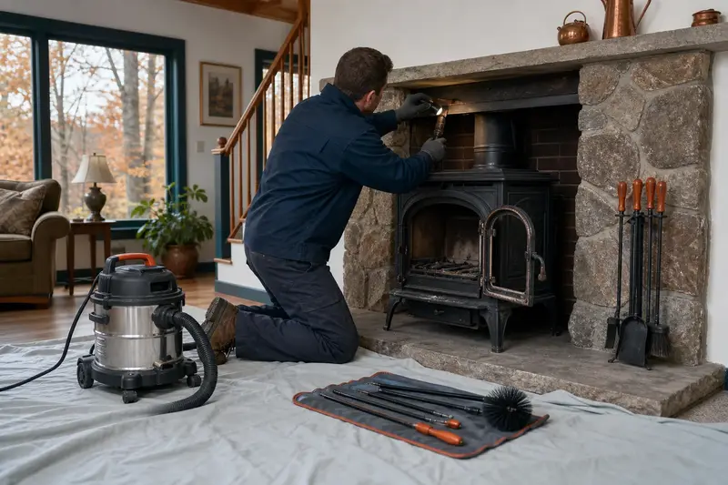 A technician checking the damper and smoke chamber of a cast-iron wood stove on a stone hearth pad by flashlight, the fireplace cold; illustrative image