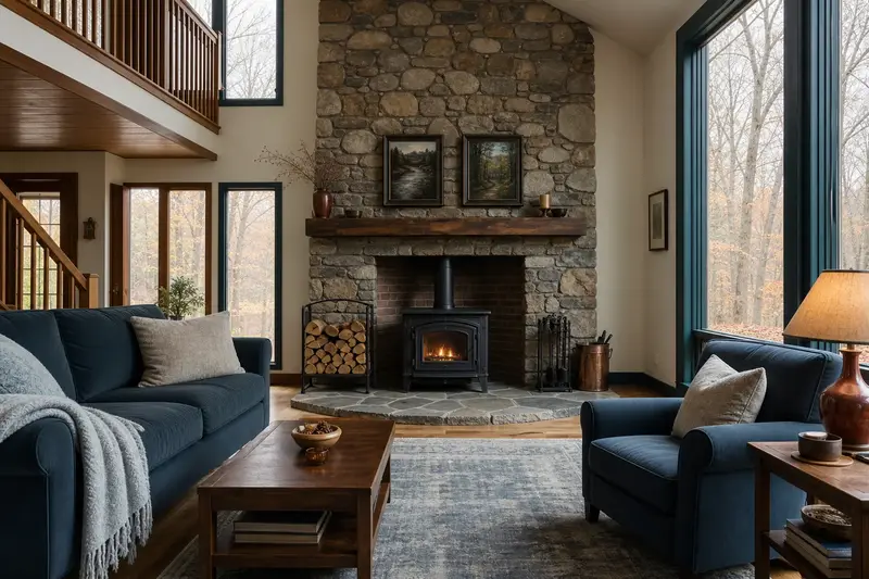 A hearth room with a cast-iron wood stove on a stone hearth pad, split firewood in a steel rack and a clear hearth; illustrative image