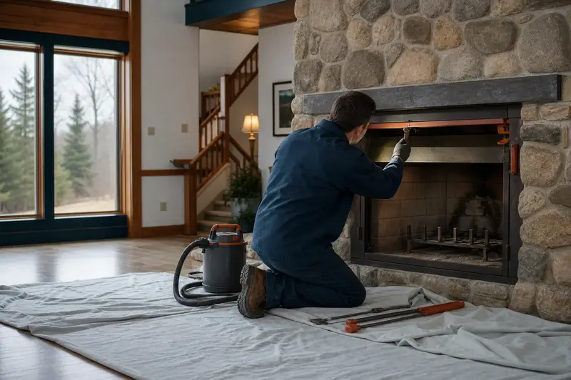 A technician adjusting the damper handle of a factory-built wood-burning fireplace with a stone facing by flashlight, the fireplace cold; illustrative image