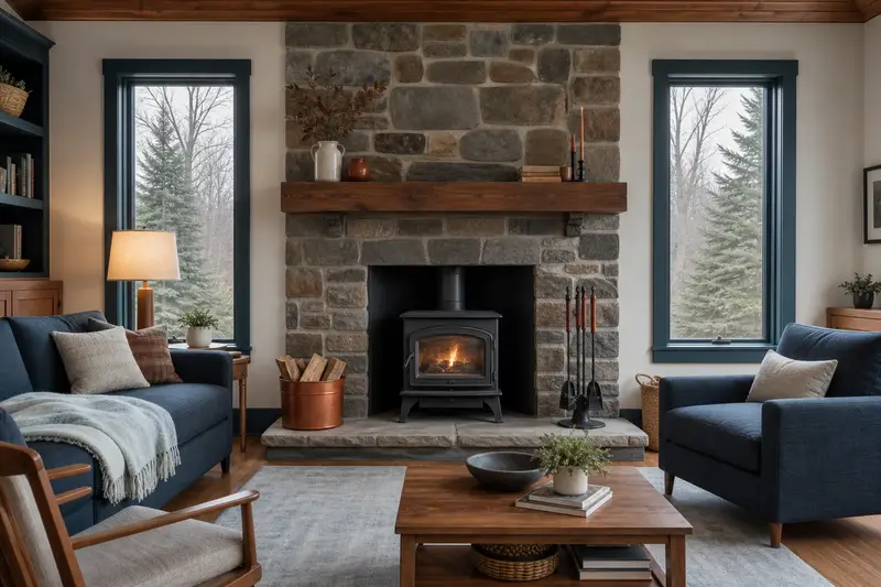 A tidy hearth room with a cast-iron wood stove on a stone hearth pad, a cleared hearth, fireplace tools and split firewood; illustrative image
