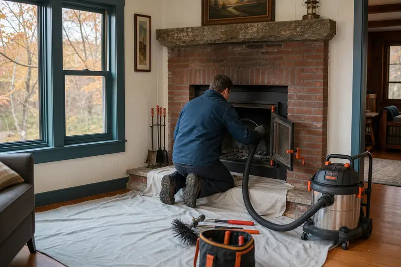 A technician kneeling at a wood-burning insert in a brick opening with a sealed vacuum and drop cloths, the fireplace cold and unlit; illustrative image