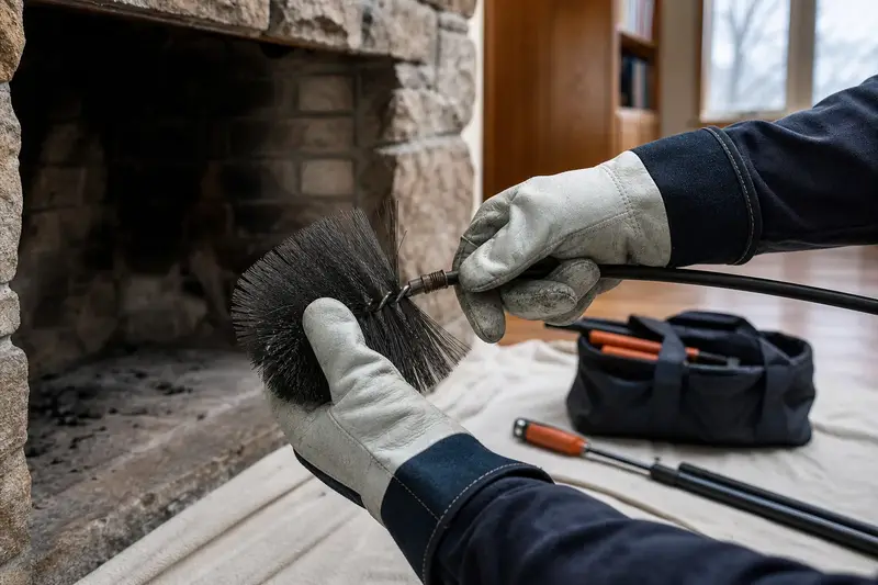 Gloved hands fitting a round wire brush onto a flexible rod at the hearth of a factory-built wood-burning fireplace with a stone facing; illustrative image
