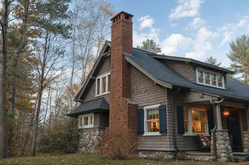 A 1950s Craftsman house in soft daylight with a tall brick chimney on a steep gable roof standing clear above the roofline; illustrative image