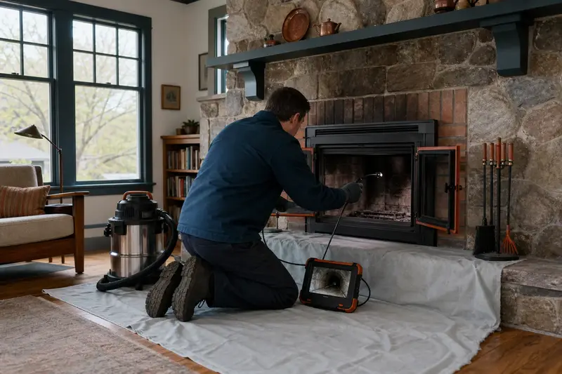 A technician guiding an inspection camera into the firebox of a wood-burning insert in a brick opening, the fireplace cold and unlit; illustrative image