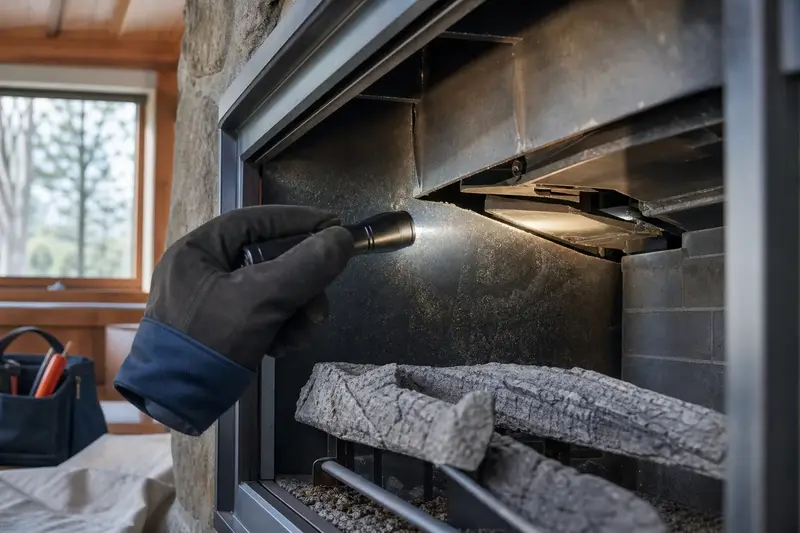 A flashlight beam across the smoke chamber and damper of a direct-vent gas fireplace, a gloved hand holding the light; illustrative image