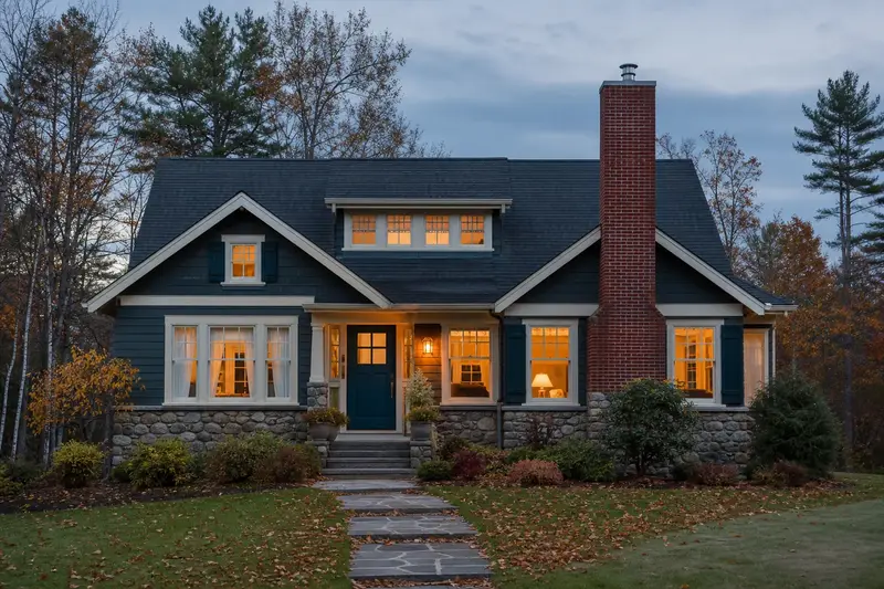 A 1950s Craftsman house with a red brick chimney with a concrete crown fitted with a stainless steel liner cap; illustrative image