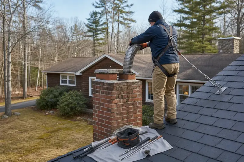 A harnessed technician guiding a flexible stainless steel liner down into the flue at the top of a two-flue brick chimney on a slate roof; illustrative image