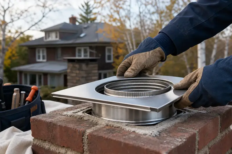 Gloved hands fitting a stainless steel liner top plate at a flue opening; illustrative image