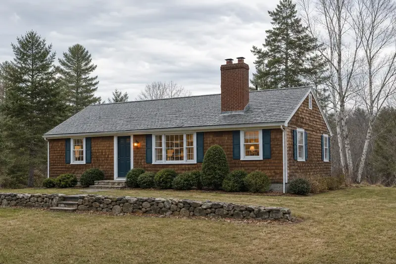 A 1950s cedar-sided rambler with a two-flue brick chimney on a slate roof and neat mortar joints; illustrative image