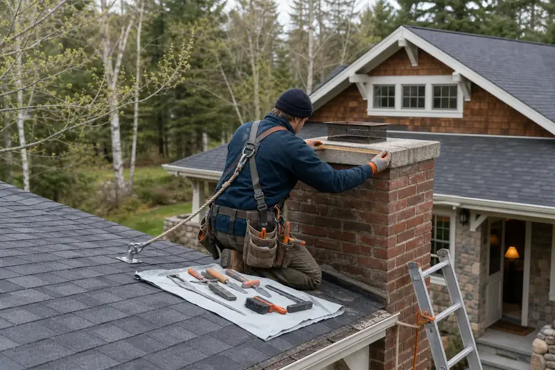 A harnessed mason measuring the crown of a red brick chimney with a concrete crown with a folding rule; illustrative image