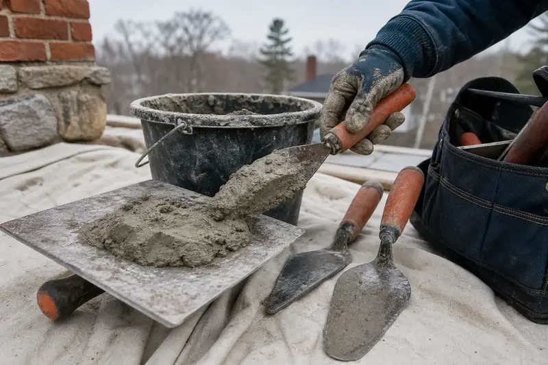 A mortar hawk, trowels and a bucket of mixed mortar set on a roof work platform; illustrative image