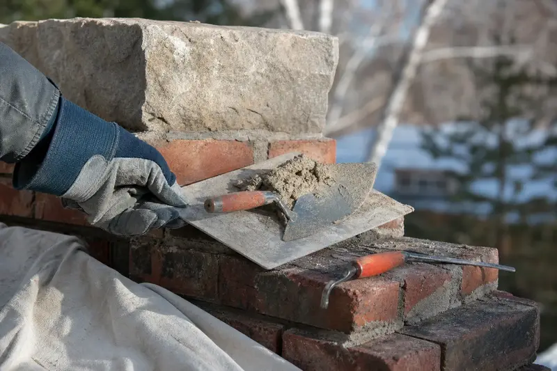 A mortar hawk, pointing trowel and jointer resting on sound brick at a chimney shoulder; illustrative image