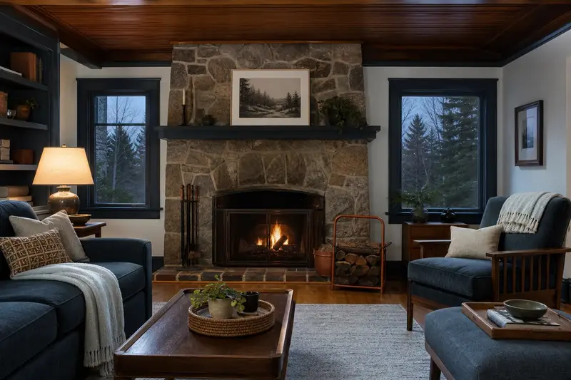 A lived-in family room with an open masonry wood-burning fireplace, seasoned firewood and wool throws; illustrative image