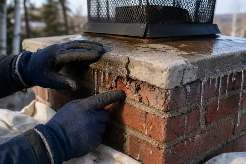 Frost-spalled brick and a cracked crown edge with meltwater, seen up close; illustrative image