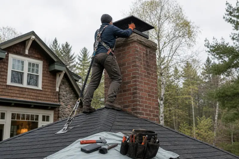 A harnessed technician checking the cap and crown of a tall brick chimney on a steep gable roof before the heating season; illustrative image