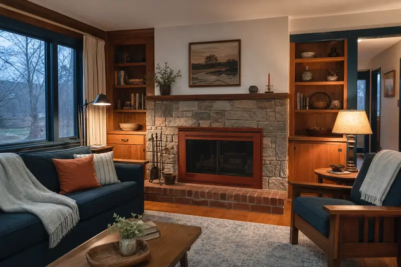 A calm hearth room with a factory-built wood-burning fireplace with a stone facing, glass doors closed and no fire; illustrative image
