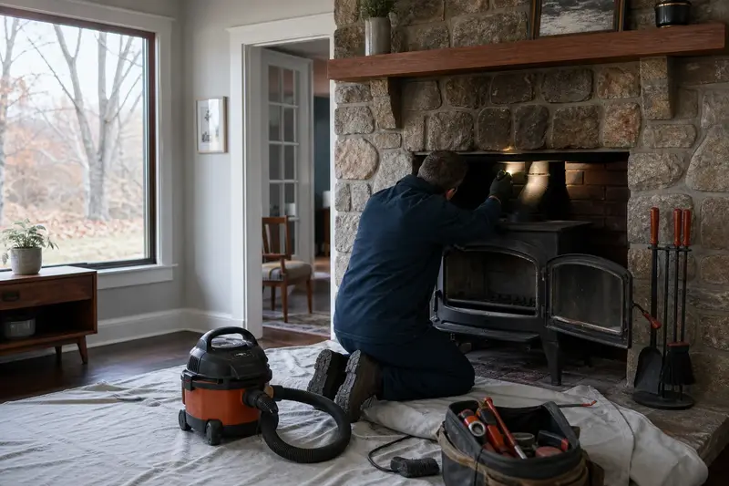 A technician checking the damper and smoke chamber of a cast-iron wood stove on a stone hearth pad by flashlight, the fireplace cold; illustrative image