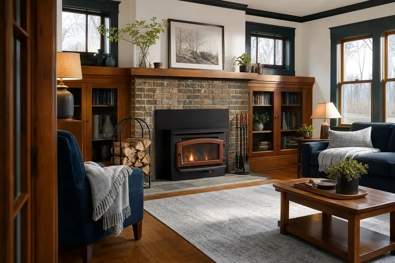 A hearth room with a wood-burning insert in a brick opening, split firewood in a steel rack and a clear hearth; illustrative image